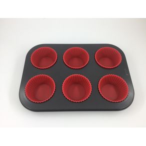 Assadeira de inox para bolinhos, com formas de silicone Assadeira de inox para bolinhos, com formas de silicone